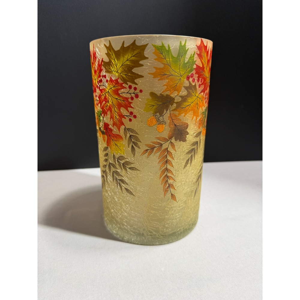 Autumn Leaves Crackle Glass Hurricane Flameless Candle Holder Fall Decor Amber